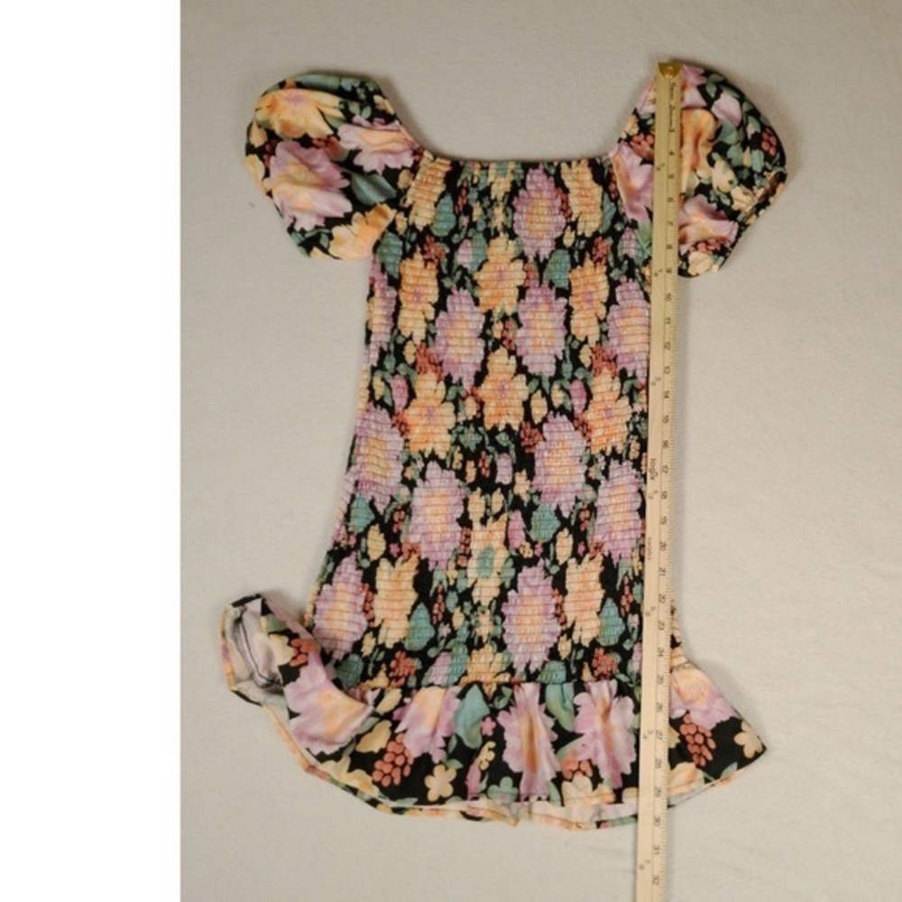 NWOT SHEIN Floral Smocked Puff Sleeve Ruffle Mini Dress Peach Pink Blue M - Picture 8 of 8